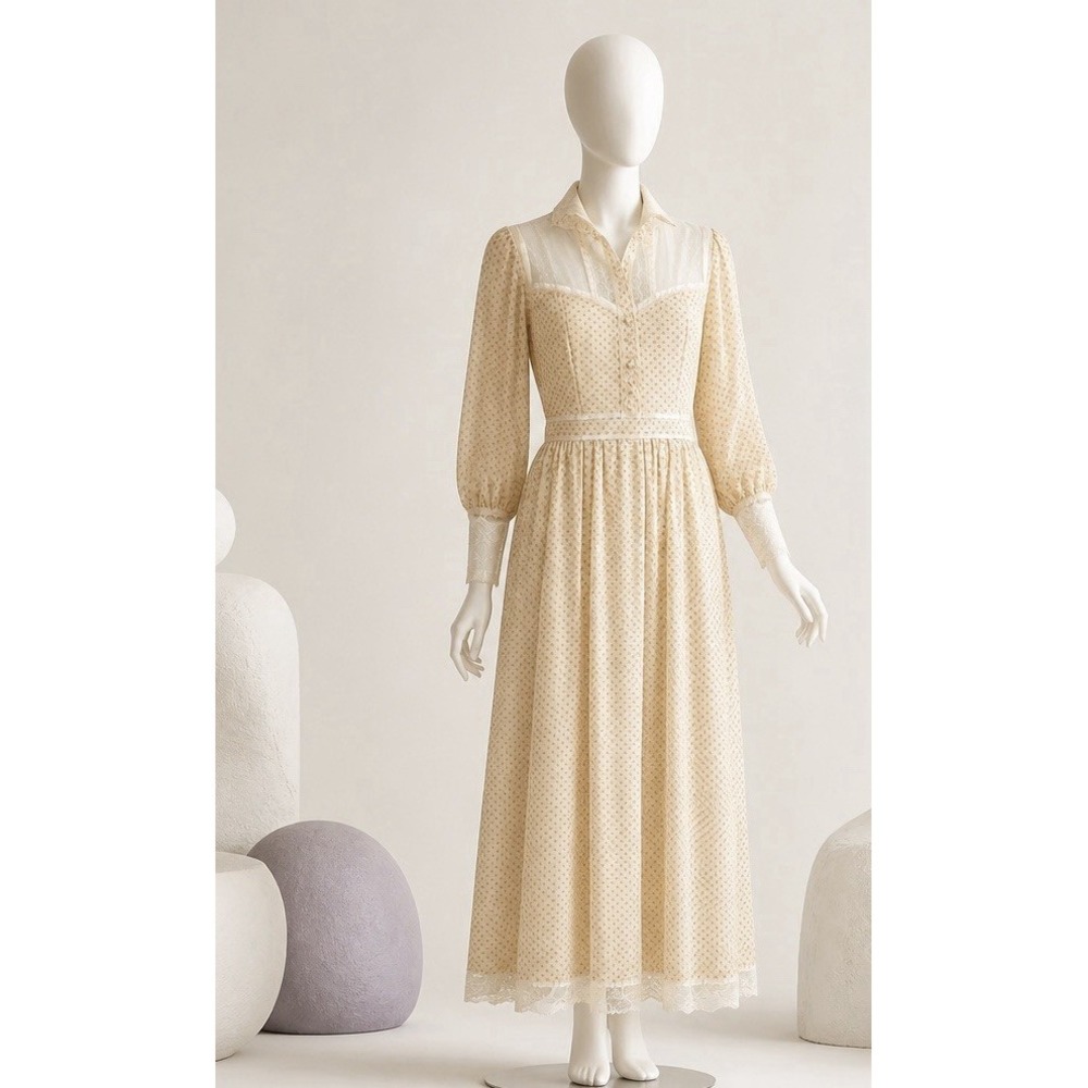 VTG Gunne Sax by Jessica Beige Floral Lace Maxi Dress High Neck Prairie READ